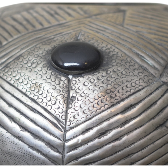 Vintage Brass Silver‑Plated Etched Vase 14” Black Cabochons Mid-Century India - Picture 9 of 14